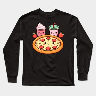 Kawaii Pizza Party with Pepperoni Pizza, Strawberry Ice Cream, and Drink | Kawaii Food Art Long Sleeve T-Shirt